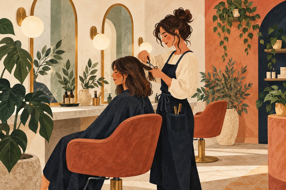 Illustratie: een gestileerde kapper en klant in een warme salon
