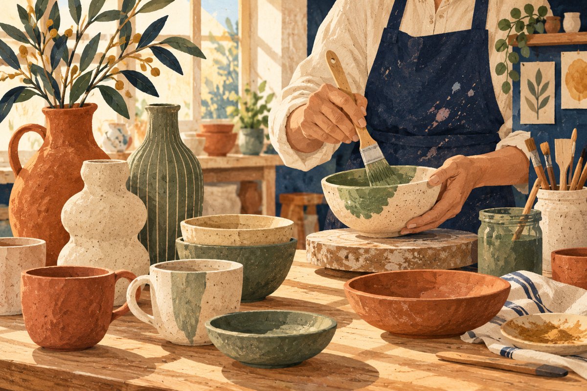 Illustratie: geïllustreerde handgemaakte keramische koppen, schalen en vazen