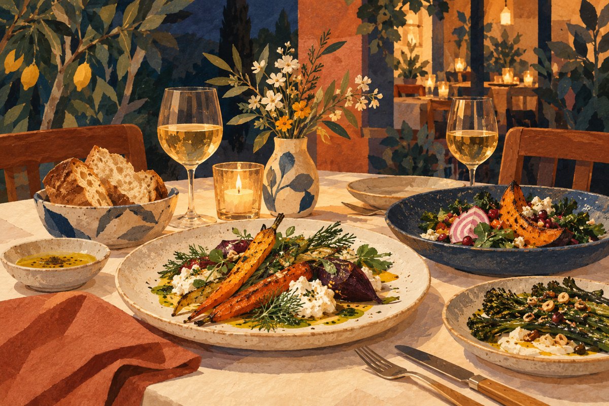 Illustratie: een geïllustreerde restauranttafel met seizoensgerechten en keramiek